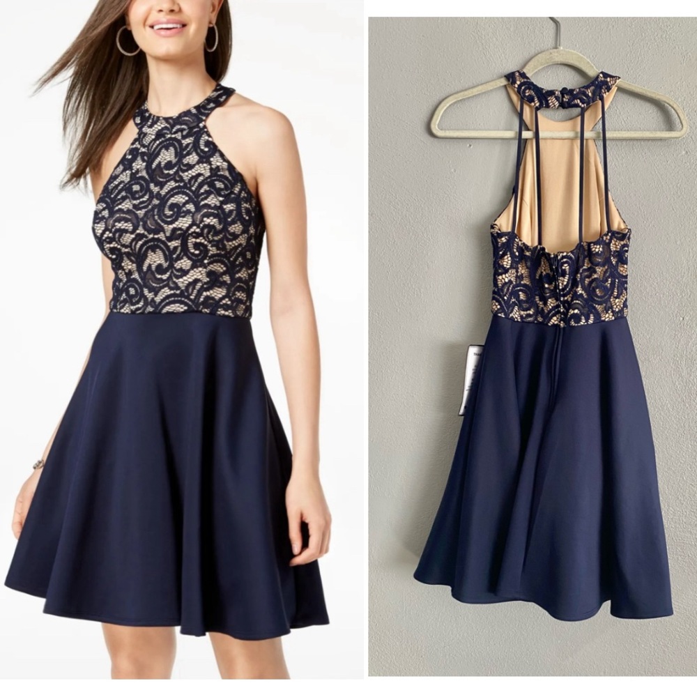 B. Darlin Formal Dress Size 4 Navy Blue Fit & Flare Glitter Lace Party Halter
